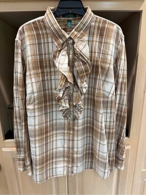 Lauren Ralph Lauren Brown and Cream Plaid Ruffle-Front Button-Down Blouse 3X